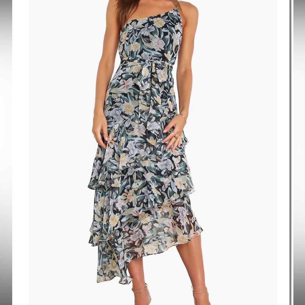 Amren Floral One-Shoulder Tiered Asymmetric Dress